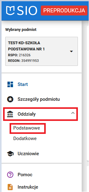 Okno z zaznaczonym modułem oddziały i zakładką oddziały podstawowe