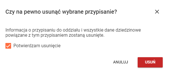 Okno z zaznaczonym potwierdzeniem chęci usunięcia wybranego przypisania