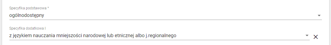 Okno ze wskazaną specyfiką dodatkową z językiem nauczania mniejszości narodowej lub etnicznej albo języka regionalnego