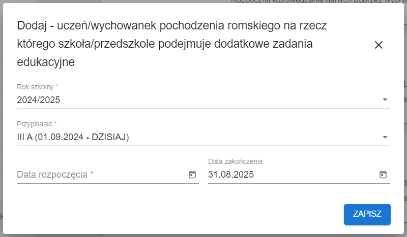 okno ze wskazaniem zaczytanej daty zakończania danych dziedzinowych 