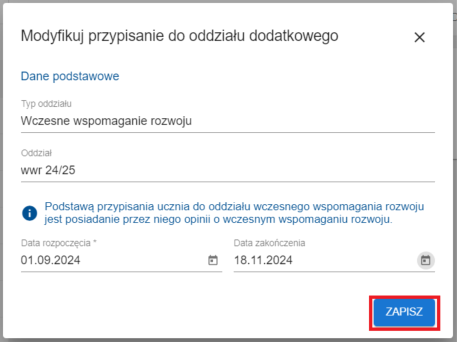 okno ze wykazaną datą zakończenia i przyciskiem Zapisz  