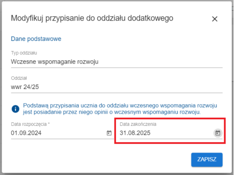 Widok formularza modyfikacji przypisania do oddziału dodatkowego z edytowalnym polem daty zakończenia przypisania