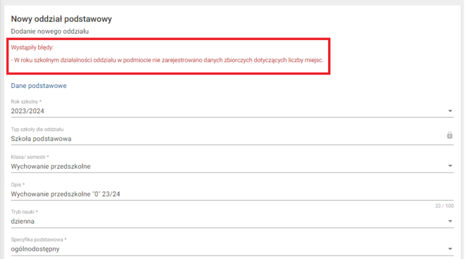Widok na komunikat przy próbę rejestracji oddziału Wychowania przedszkolnego o braku danych o liczbie miejsc
