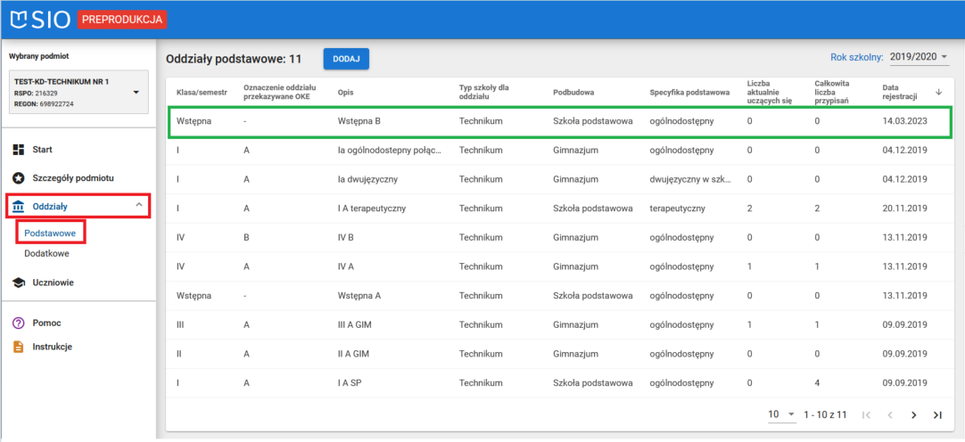 Widok na listę oddziałów podstawowych z zarejestrowanym oddziałem klasy wstępnej
