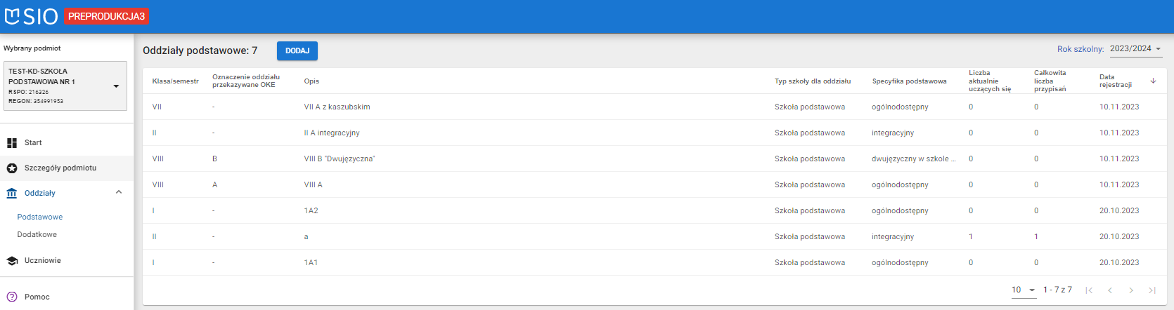 Widok na listę oddziałów podstawowych