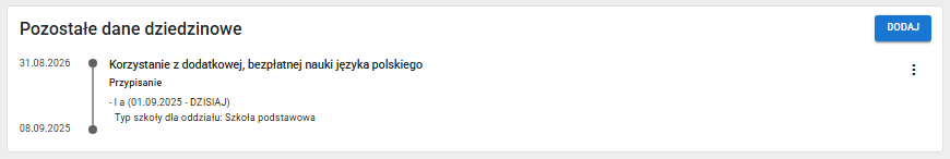 Widok zapisanych pozostałych danych dziedzinowych u wybranego ucznia