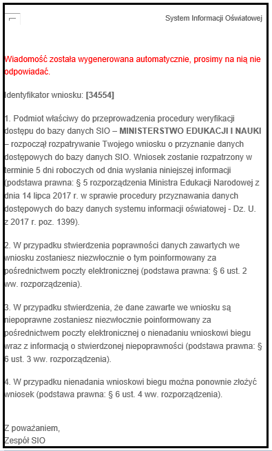 informacja o aktualnym statusie wniosku
