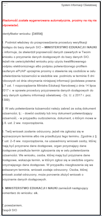 informacja o poprawność danych wniosku