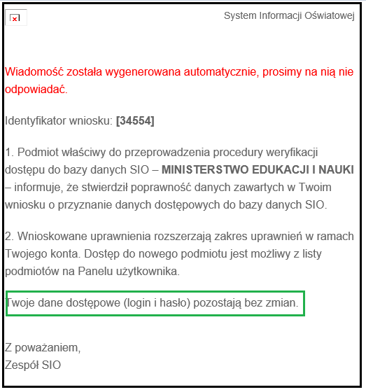informacja po zaakceptowaniu wniosku