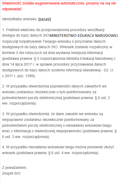 Treść maila jaki wpływa jak wniosek zostaje podjęty do rozpatrzenia