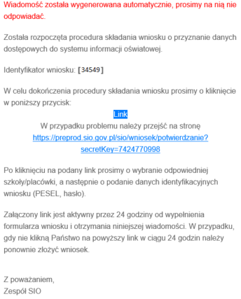 treści mila z linkiem do potwierdzenia wniosku