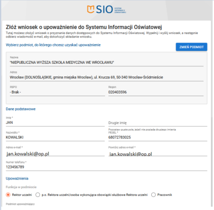 widok formularza składania wniosku