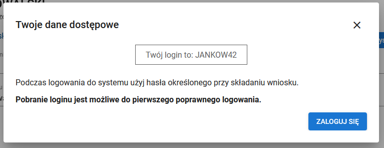 widok na wygenerowany login