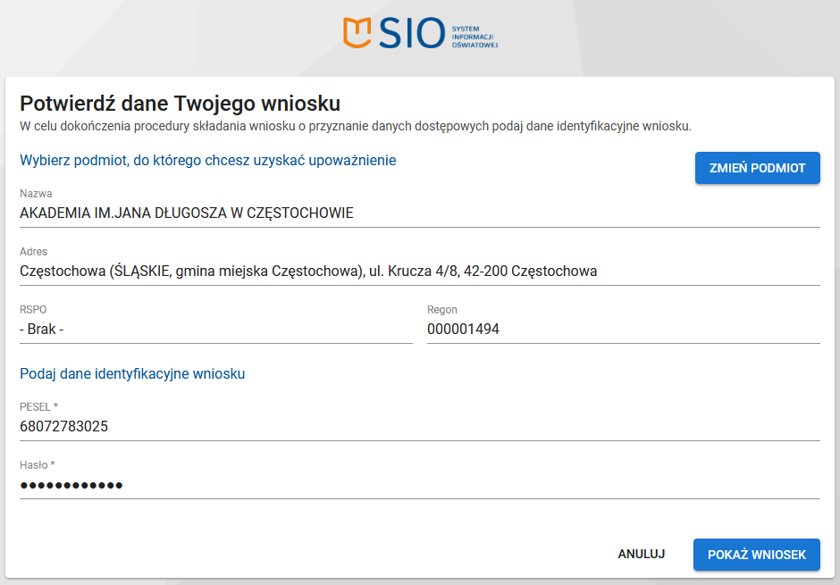 wypełnione pola potwierdzania wniosku