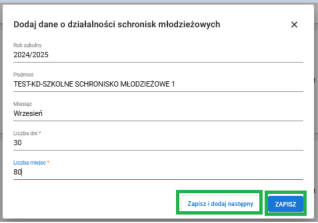 formularz dodaj dane o działalności schronisk młodzieżowych