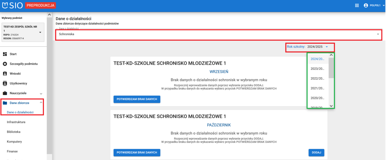 okno dane o działalności schronisko z możliwością wyboru roku