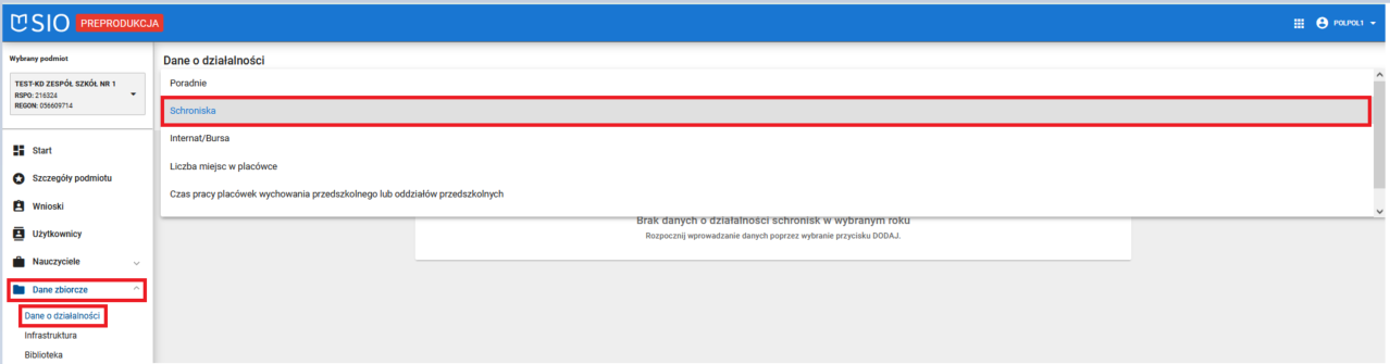 okno dane o działalności schronisko