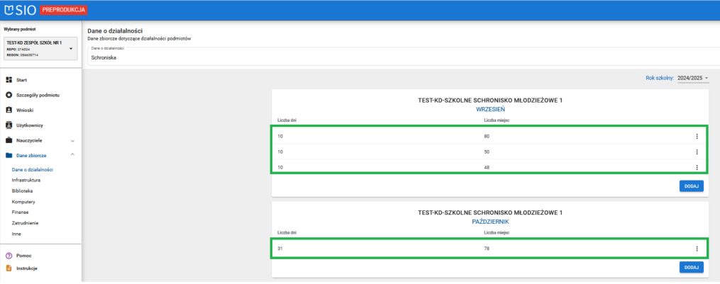 okno widok na wprowadzone dane w zakładkę Schroniska