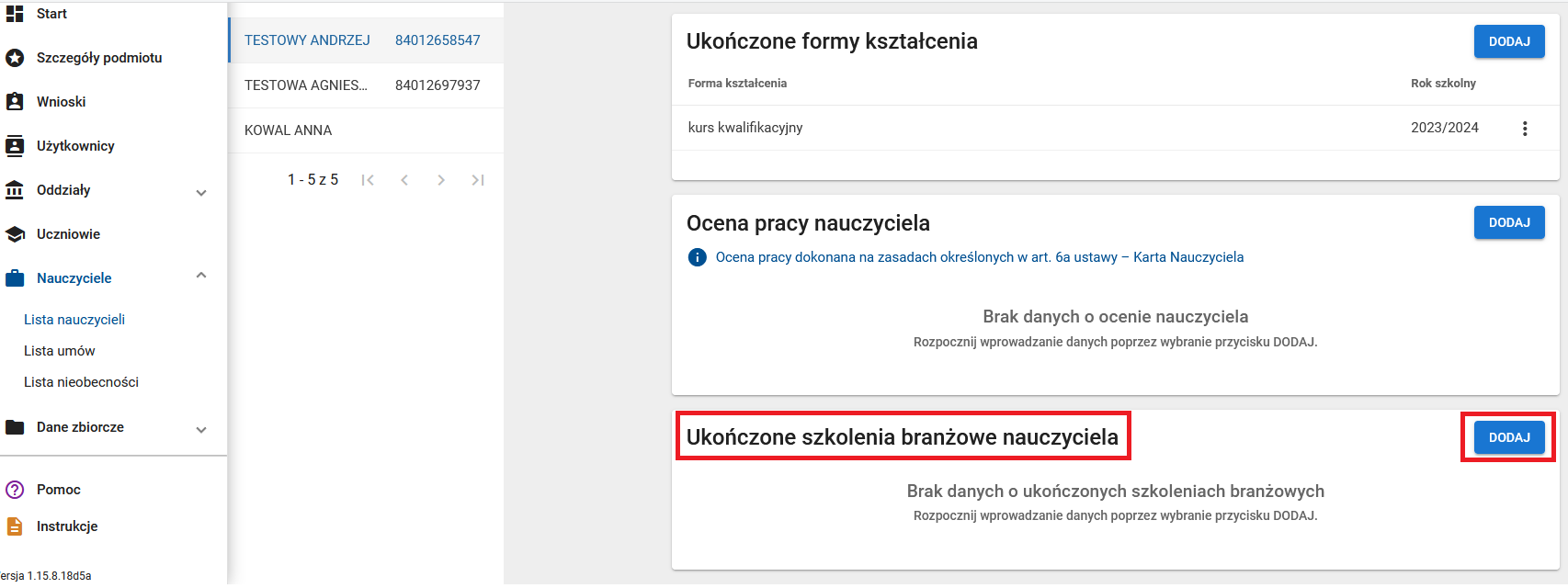 okno z widokiem na Ukończone szkolenia branżowe nauczyciela  po wejściu do zakładki dane dziedzinowe i zaznaczony przycisk dodaj