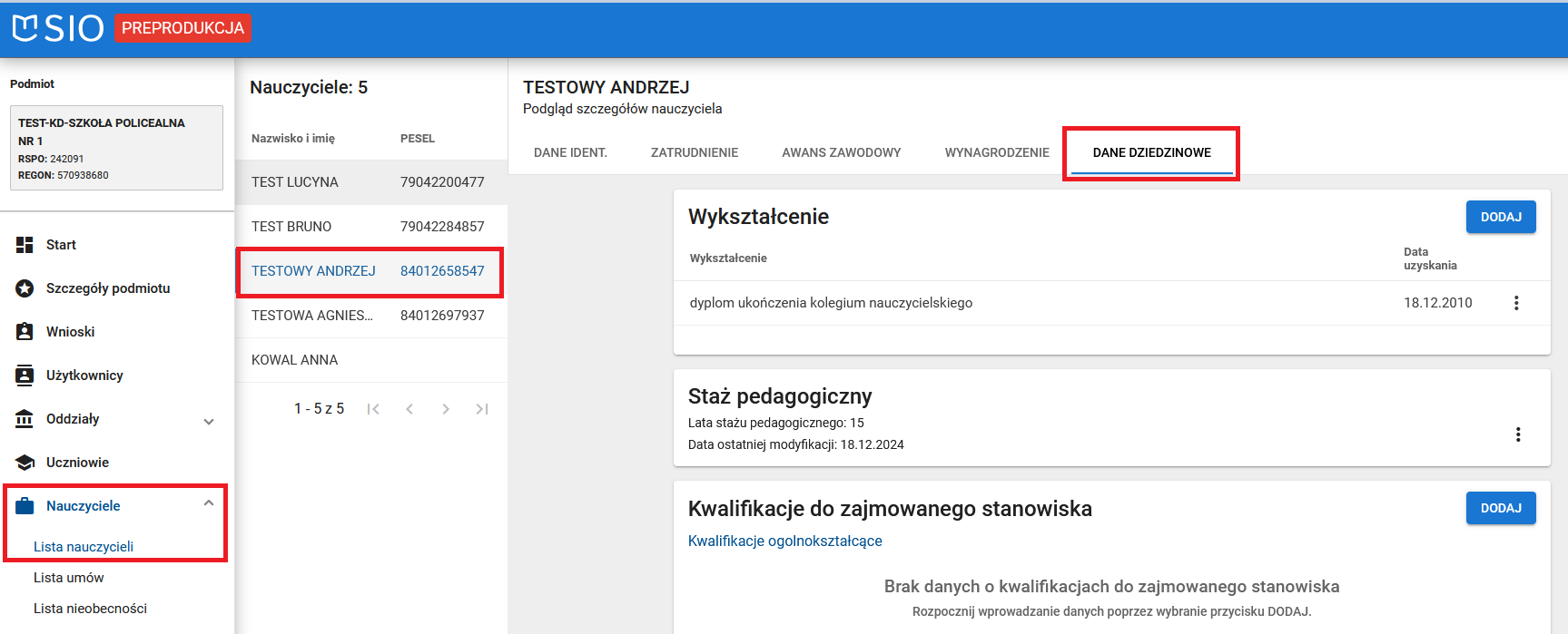 okno z widokiem na Ukończone szkolenia branżowe nauczyciela  po wejściu do zakładki dane dziedzinowe