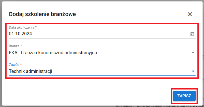 okno z widokiem na wprowadzone ukończone szkolenie branżowe