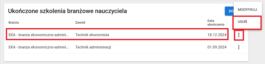 widok na możliwość usunięcia szkolenia branżowego nauczyciela