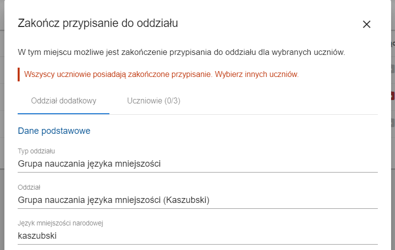 komunikat :Wszyscy uczniowie posiadają zakończone przypisanie. Wybierz innych uczniów.