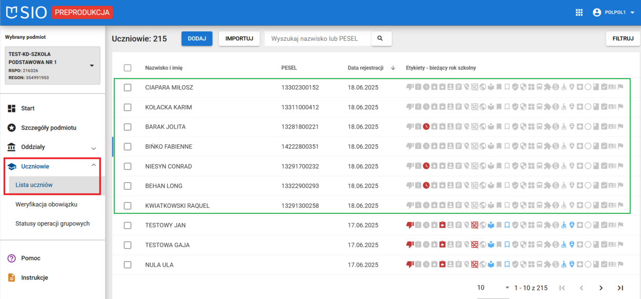 lista uczniów z zaimportowanymi danymi ucznia