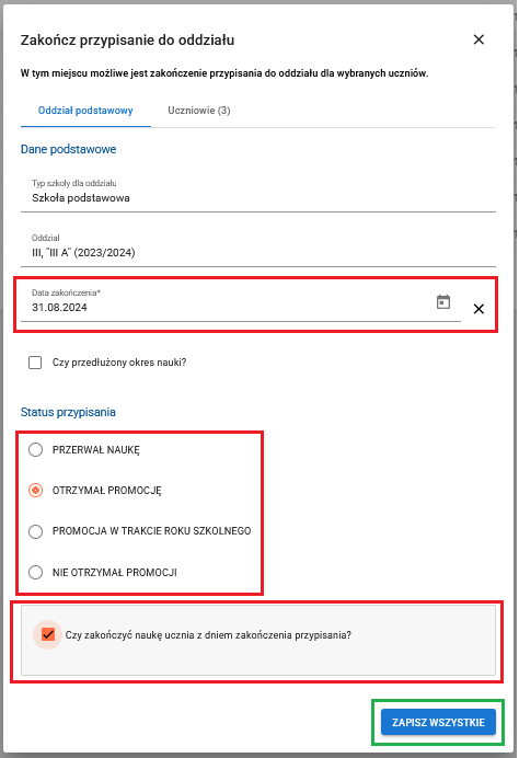 Okno formularza z zaznaczeniem ukończenia nauki wraz z dniem zakończenia przypisania do oddziału podstawowego