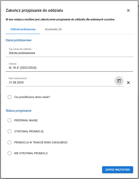 Okno formularza zakończenia przypisania do oddziału z aktywnymi polami do uzupełnienia, w tym daty i statusu przypisania