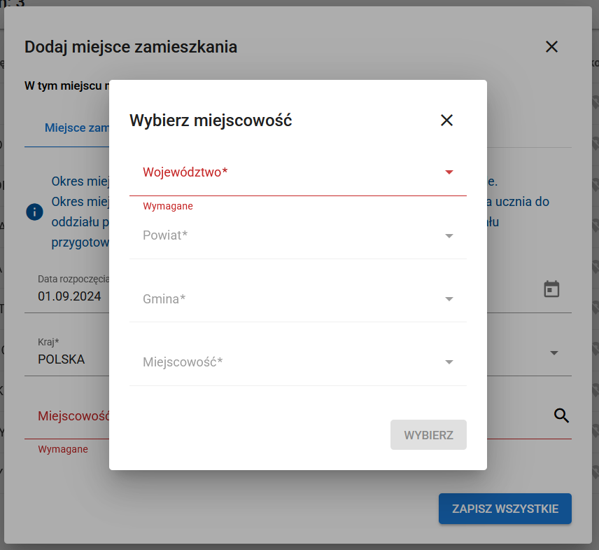 Okno obowiązkowego wyboru województwa, powiatu, gminy i miejscowości dodawanego miejsca zamieszkania