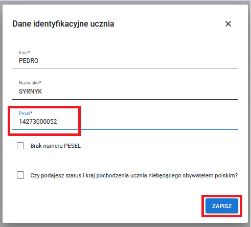 okno z danymi do modyfikacji