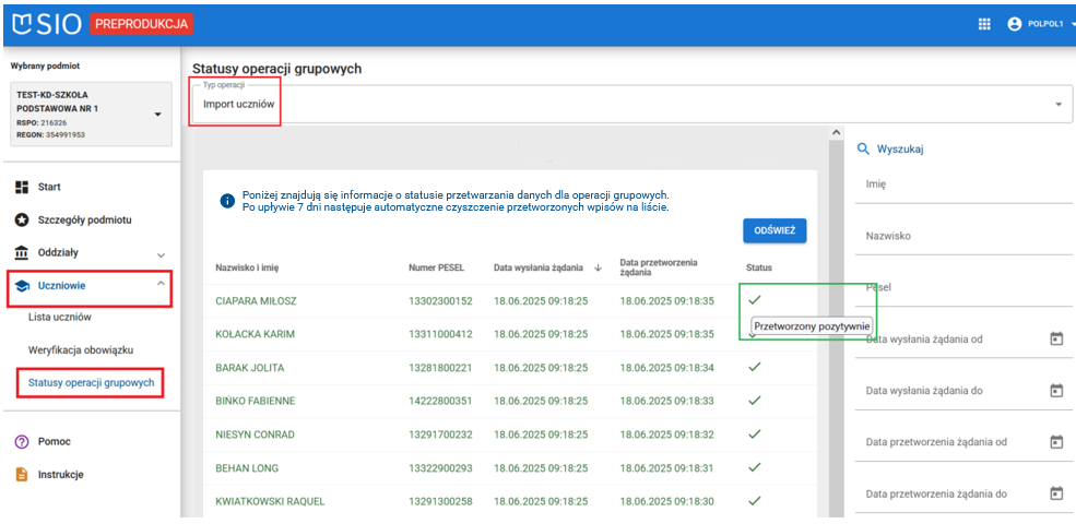 okno z danymi przetworzonymi pozytywnie