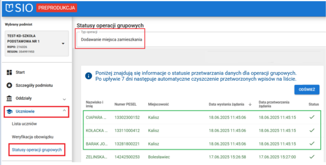 okno z danymi przetworzonymi pozytywnie
