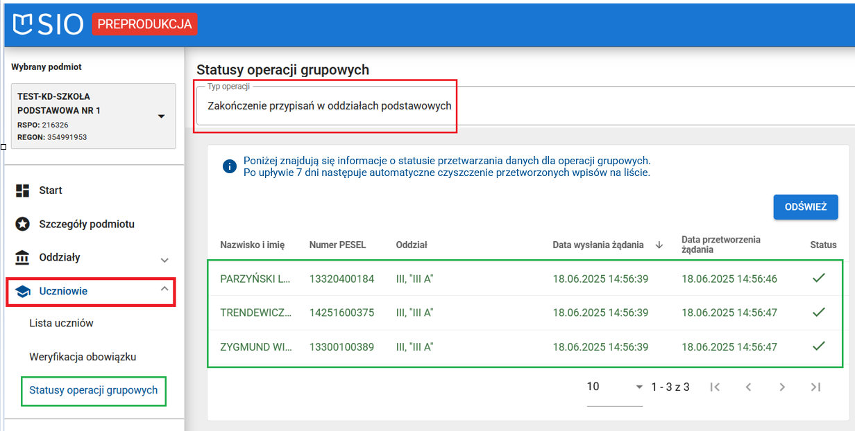 okno z danymi przetworzonymi pozytywnie