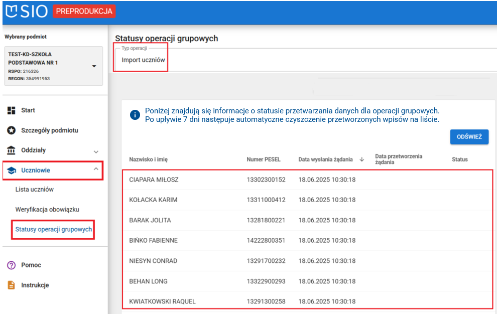 okno z pod zakładki "Statusy operacji grupowych" z rekordami oczekującymi na przetworzenie może być niepoprawna.