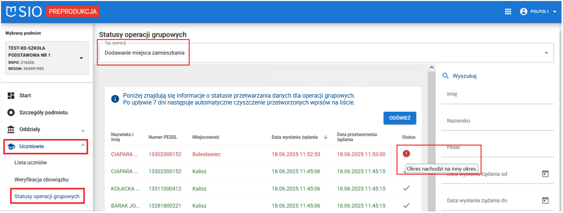 okno z widokiem na błędne wpisy podczas zapisywania dodanego miejsca zamieszkania
