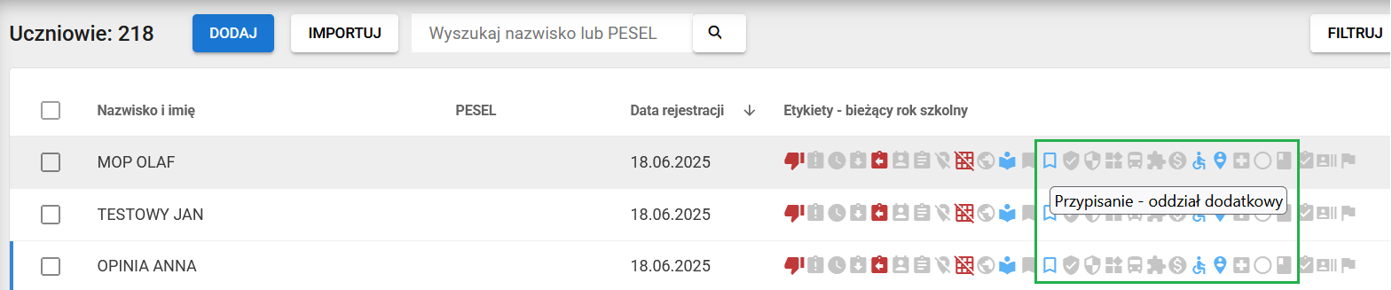 okno z widokiem na etykiety przy danych ucznia 