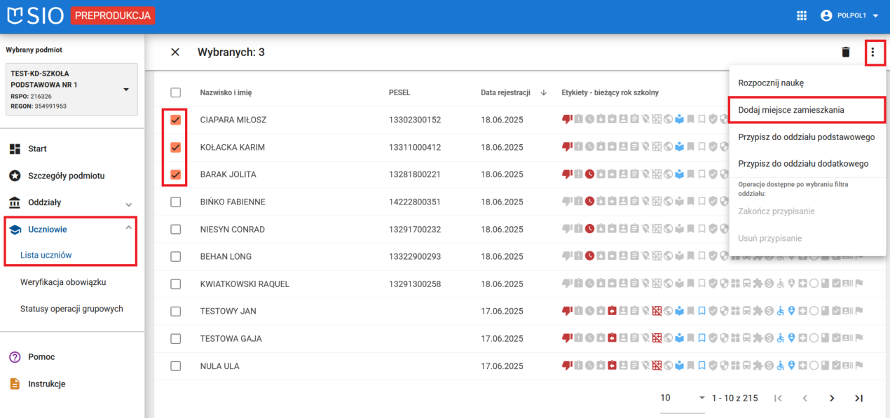 okno z widokiem na grupowe zaznaczenie uczniom miejsca zamieszkania