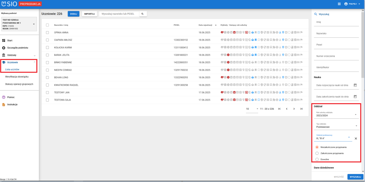 Okno z widokiem na listę uczniów i wybranie odpowiednich filtrów- w tym oddziału, do którego przypisanie chcemy zakończyć, wraz z zaznaczeniem: niezakończone przypisania.