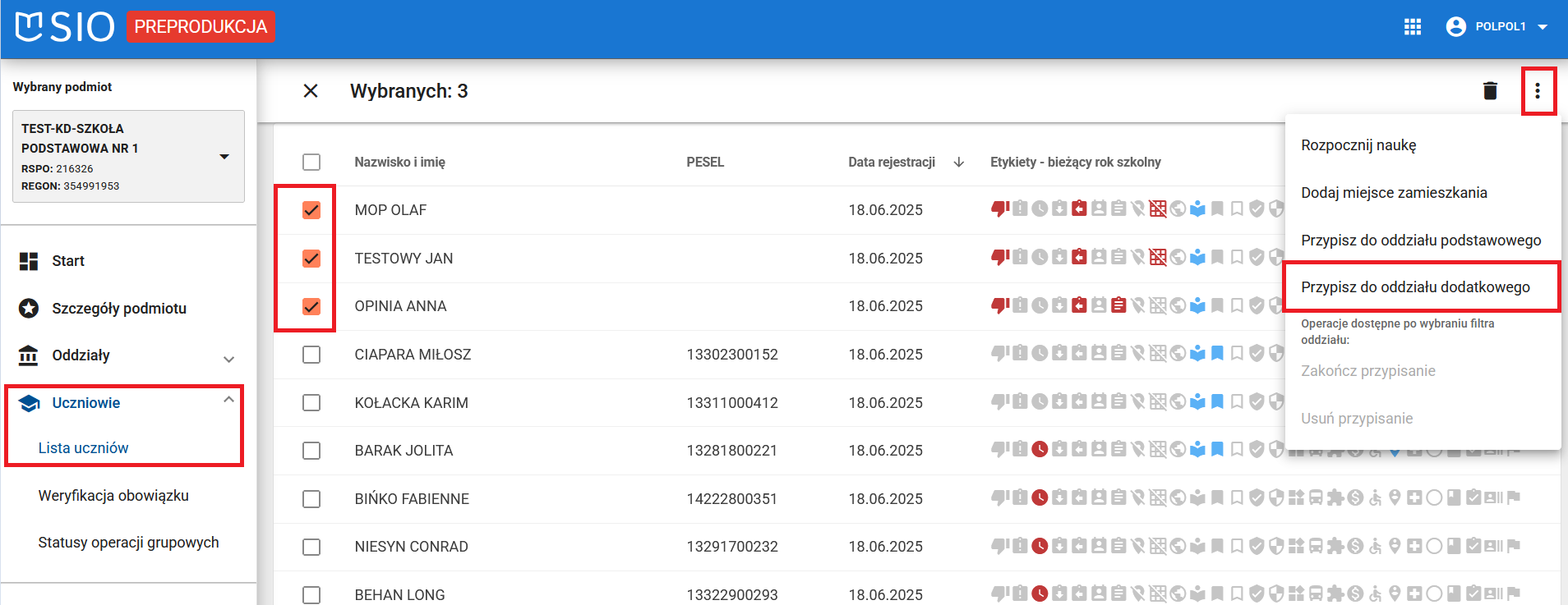 Okno z widokiem na wybrane opcje w rozwiniętym menu, w tym przypisz do oddziału dodatkowego