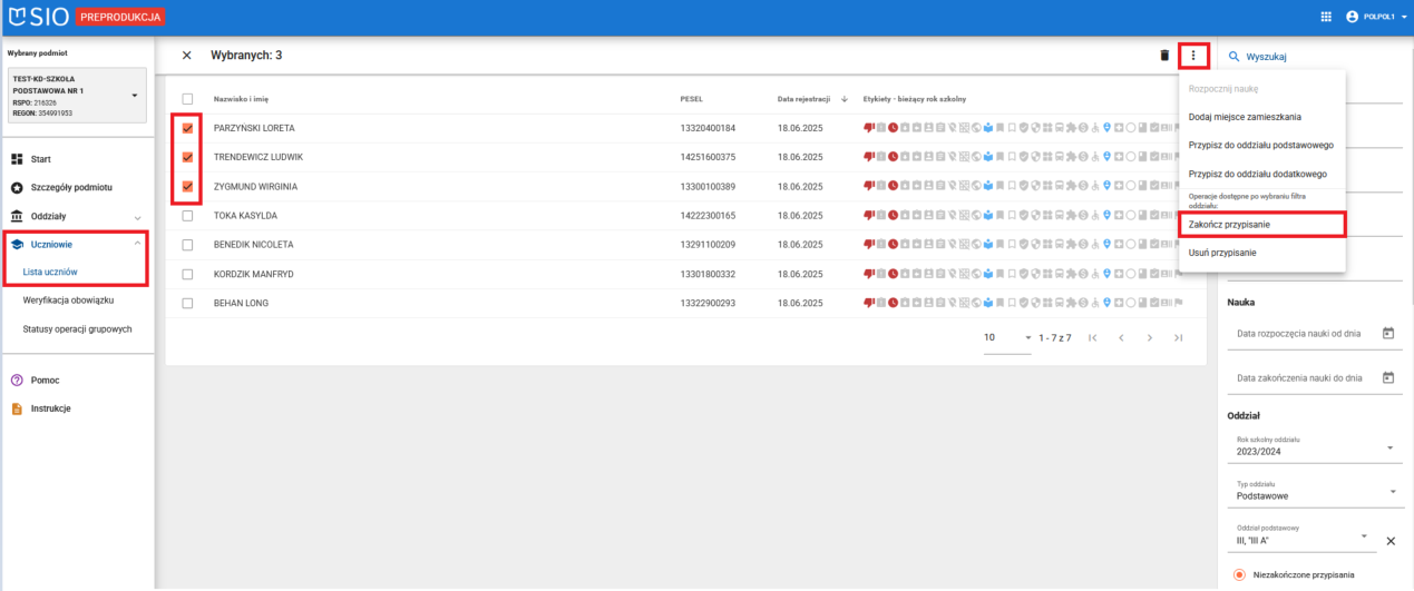 okno z widokiem na wybranych uczniów z przyciskiem zakończenia przypisania z rozwiniętego menu