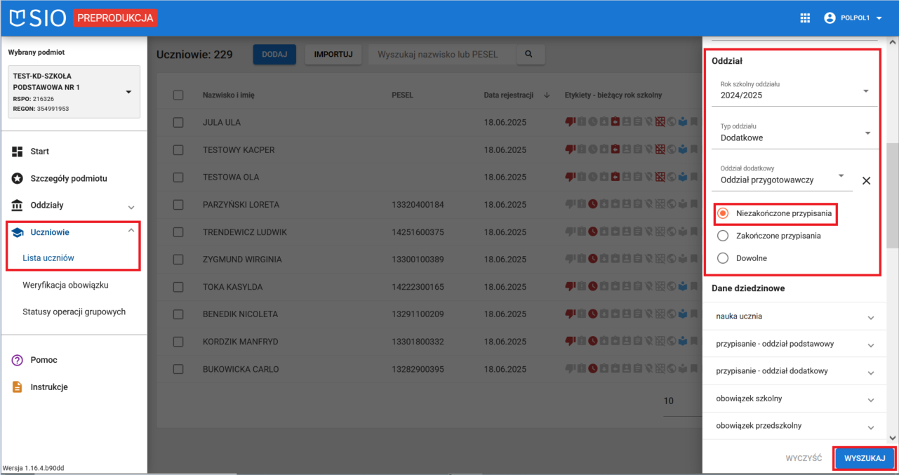 okno z widokiem na zaznaczone filtry