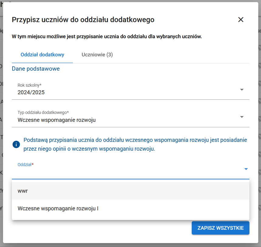 okno z wyświetlonym wyborem oddziałów  