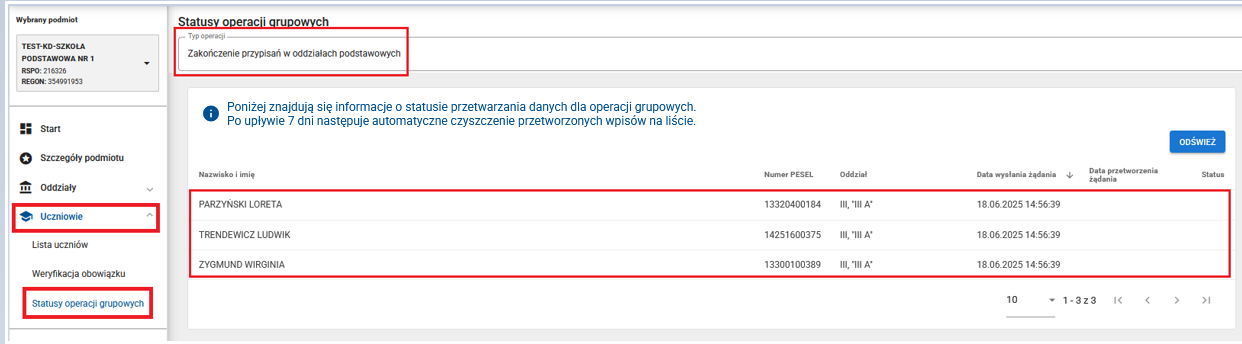 okno z zakładki „Statusy operacji grupowych”.