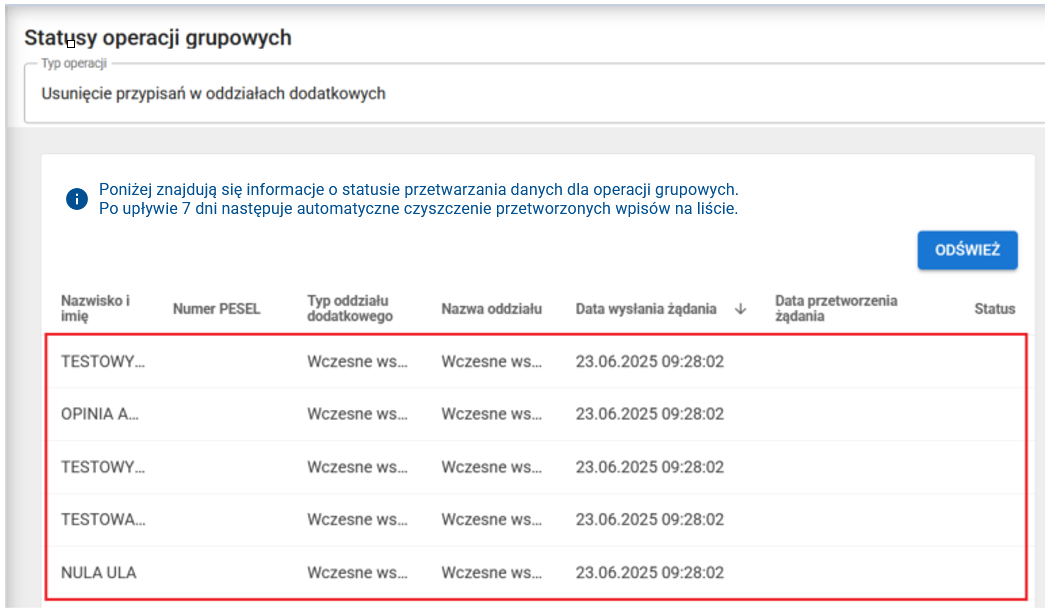 okno z zakładki „Statusy operacji grupowych”