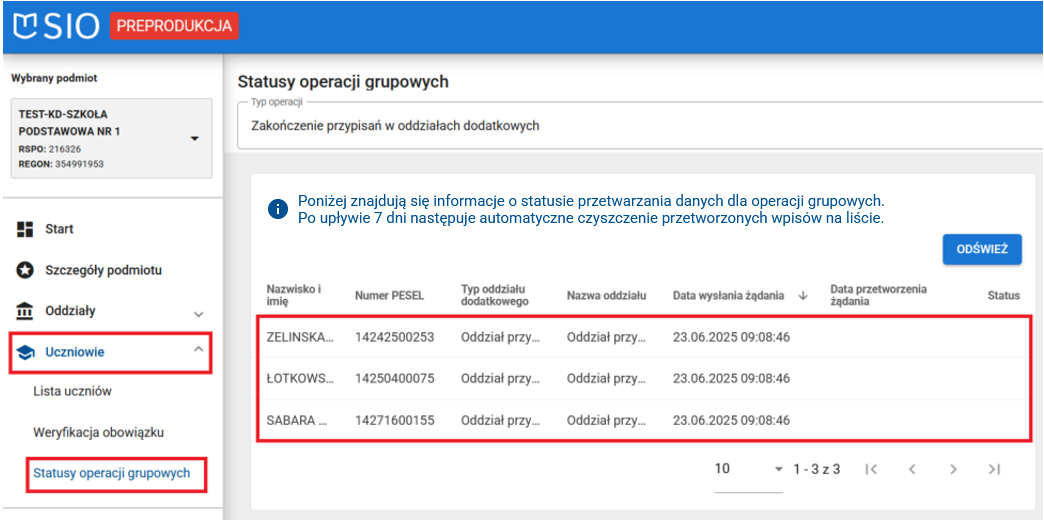 okno z zakładki „Statusy operacji grupowych”