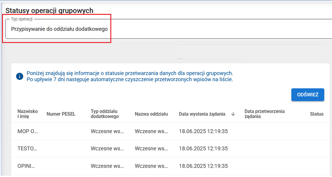 okno z zakładki „Statusy operacji grupowych”