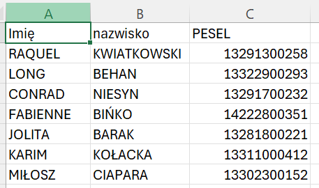 plik CSV z nr PESEL