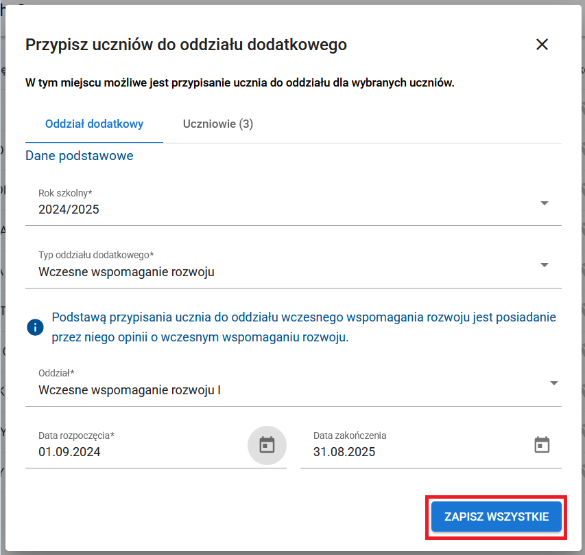 Widok formularza przypisania uczniów do oddziału dodatkowego